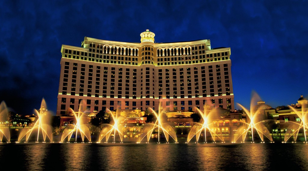 The Fountains of Bellagio at night.